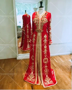 Марокански Кафтан, Вечерни рокли на Знаменитости Със златни кружевными апликации, дълги ръкави, Арабски Дубай Абайя, Дамски червено облекло за сватбеното парти