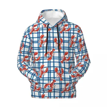 Love Of Lobsters Ежедневни блузи в синя клетка, модни топла риза с качулка, зимни градинска дрехи с дълъг ръкав, пуловер оверсайз, hoody с качулка