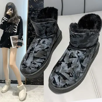 Нови дамски улични кожени Плюшени топли зимни обувки, Универсална морозостойкая обувки с памучна подплата