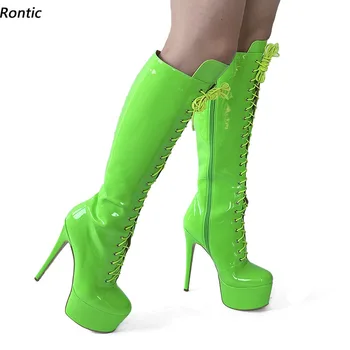 Дамски зимни ботуши до коляното ръчно изработени от лачена кожа, чубрица обувки на висок ток с кръгла пръсти, красиви зелени вечерни обувки, размер САЩ 5-20