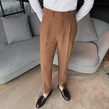 Мъжките официални панталони на Класически мъжки офис панталони приталенного намаляване с висока талия и винтажными джобове за официални мъжки панталони в бизнес стил
