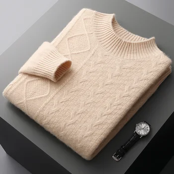 Есенно-зимния нов вълнен пуловер, мъжки дебел жаккардовый пуловер с полувысоким деколте, модерна свободна долната риза от трико от чиста вълна