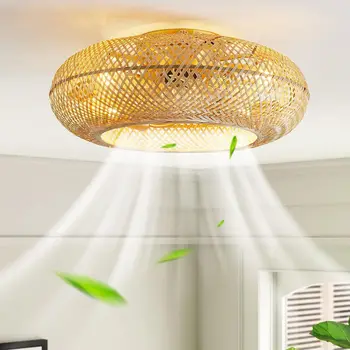Креативен вентилатор на тавана с осветление в ретро стил, Ръчно изработени от бамбук и ратан, невидими вентилаторните лампи, Модерен тавана лампа с с вентилатор, спалня тип 