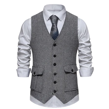 Бизнес мъжки туид жилетка в ретро стил, ретро карирани официално топ копчета, однобортный костюм без ръкави, тъмно-сиво/синьо