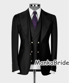 Тъмно-кафяви класически мъжки костюм, 3 бр. сако, жилетка, панталони, приталенная дрехи бизнес, комплект мъжки костюми за официални партита