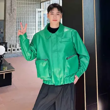 Модерен мъжки кожени якета SYUHGFA, индивидуалност, зелена горна дреха от изкуствена кожа, Нишевый дизайн с голям джоб, свободно палто в корейски стил, тенденция 2024 г.