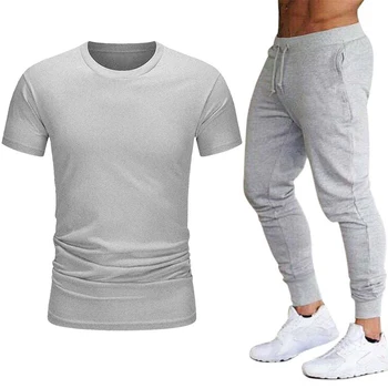 Годишният случайни мъжки костюм с тениска и панталони, брендовый комплект с къс ръкав, луксозни памучни ризи с принтом, спортни панталони за бягане, мъжки спортни дрехи
