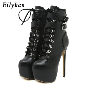 Eilyken / Новост 2024, женски ботуши на платформа Extreme Есен-зима, модни дамски обувки с кръгло бомбе на тънък ток, каишка на щиколотке и нитове