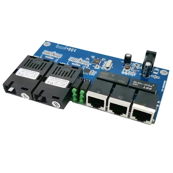 Оптичен медиаконвертер Ethernet, однорежимный, 3 порта RJ45 2 оптична порта SC с дължина 20 км, без източник на захранване
