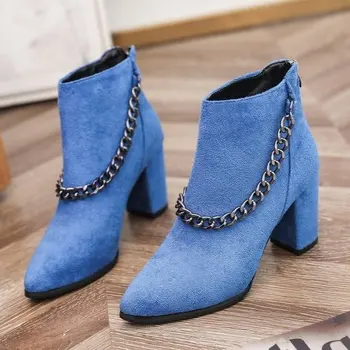 Дамски сини ботильоны от волска кожа, велур, дамски къси ботуши на по-голяма платформа, обувки с цип и високи токчета, Ежедневни обувки, дамски верига Botas Mujer