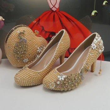 BaoYaFang Женски сватбени обувки и чанта цвят шампанско, дамски официални обувки с кръгло бомбе, с модни обувки-лодка на висок ток за младоженци BaoYaFang