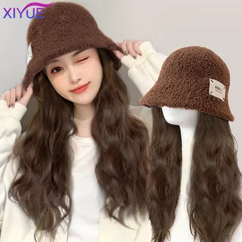 Капачка XIYUE, перука, универсален есенно-зимния нов вълнообразни ролка, рибарска шапка от овча вълна, естествен женски пълен прическа