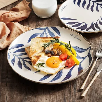 Керамична чиния Скандинавски овална форма с модел под формата на листа, Подглазурный цвят, Ястието за западна кухня, Домашен Пържола, Спагети, маса за Хранене, диск, Салатница