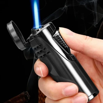 Външна ветрозащитная метална газова запалка с турбокомпресор с директно вълни Цикъл напомпване син пламък богат на функции запалка за мъже Инструмент за пушачи