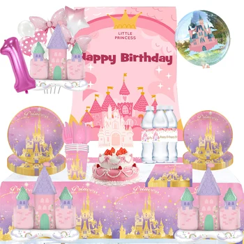 Украса за парти в чест на рождения Ден в Замъка на принцеса пълен набор от Етикети за бутилки с вода, Надуваем замък и декоративни балони за партита за деца