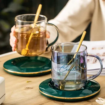 Луксозна цветна стъклена чаша LingAo Nordic light с висока температурна устойчивост ароматен чай чаша за вода, чаша за сок със златен ръб на чаша чаша