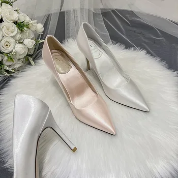 Пролетни сатен сватбени обувки на висок ток-висок ток с кристали, вечерна рокля големи размери, дамски тънки обувки, малък размер