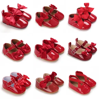 Червени Блестящи Кожени Обувки На Принцесата На Равна Подметка За Китайската Нова Година; Нескользящая Обучение Гумени Подметки Обувки; Обувки За Подарък На Детето Си За Рождения Ден; Обувки