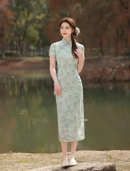 Секси вечерна рокля Ципао от жаккардового шифон с шал яка подпора в стил мандарин в ретро стил с къс ръкав Чонсам в китайски стил