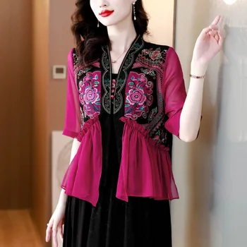 2023 китайска реколта блуза с национална бродерия на цветя, костюм от епохата на тан, дамски сатен жаккардовая лейси лоскутная блуза, източна окото блуза