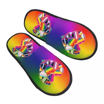Дамски домашни чехли с принтом във формата на сърце ЛГБТ, меки топли чехли с ефект на паметта за гей-парада Rainbow Gay Pride, Пухкави домашни обувки за улицата