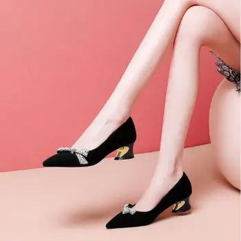 Дамски обувки с лък средно ток 2023 г., тенденция дамски летни обувки с кристали, безплатна доставка и по-ниска цена