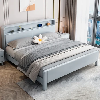 Скандинавска легло от масивно дърво 1,8 м двойно легло с ночником сватбена легло модерна проста кутия за съхранение на неща височина 1,5 м основната спалня с двойно легло