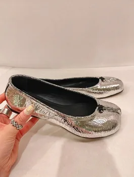 Сребрист дамски обувки на плоска подметка, без закопчалка за момичета с разцепени пръсти, летни дамски обувки Zapatos Mujer Soild Color