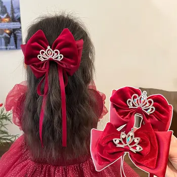 Crystal Crown Детски Red Velvet Лък Шнола за коса Кърпа Перли от Китайски Коледна Прическа и Аксесоари За коса за момичета Костюм Тан Шнола за коса