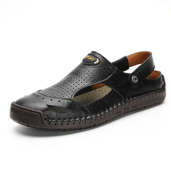 2022 Класически мъжки сандали от естествена кожа, Меки Дишащи обувки, дизайнерски плажни римски маркови сандали, кожени мъжки сандали-пързалки
