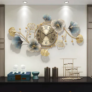 Метални 3D дигитални стенни часовници Нови китайски часовници, модни творчески часовници хол кабинет в луксозна атмосфера и стенни часовници с листа от гинко