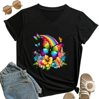 Тениска с пеперуда и дъга, Дамски дрехи, ЛГБТ, Модни тениски Y2k, Потници, тениска, Лятна тениска С V-образно деколте, Harajuku Camiseta