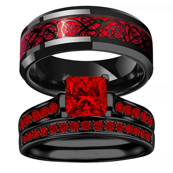Очарователна двойка пръстени, Мъжки пръстен с дракон от неръждаема стомана, Годежен пръстен, Юбилейна пръстен с червен цирконий, Дамски пръстени, Подарък за влюбени, бижута