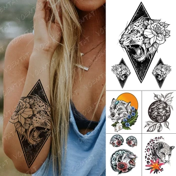 Водоустойчив временна татуировка-стикер с геометрични леопардовыми флаш-татуировки, диамантена роза и слънцето, боди арт на ръка, фалшива татуировка за жени и мъже