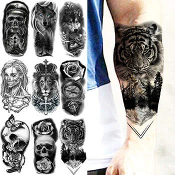 Временни татуировки Черен Тигър и гори За мъже и за възрастни, Череп, Лъв, Пират, Вампир, Компас, Вълк, фалшива татуировка, стикер, татуировки по ръцете и тялото