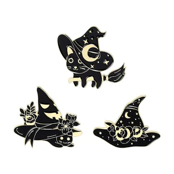 Брошка с черен магически котка, на жени за шапки магьосник на Хелоуин, иконата за декориране на шапка в стил пънк-цвете в насипно състояние, подарък за приятели
