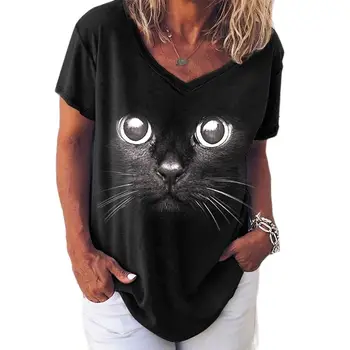 Модни дамски блузи 2022, тениска, дамска черна тениска с 3D-принтом котки, кавайная тениска с V-образно деколте, дамски дрехи, летни потници, тениски оверсайз