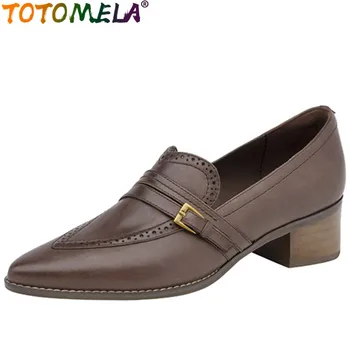 TOTOMELA 2023, Нови Лоферы от естествена кожа в британския стил, Обувки, средно на квадратен ток, дамски обувки-лодка с остри пръсти, без закопчалка