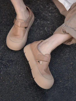 Artmu/ Дамски бели обувки на платформа от естествена кожа на дебелите ток, луксозна вулканизированная обувки, обувки на плоска подметка с катарама, на една кука и линия, спортни маратонки Грозната
