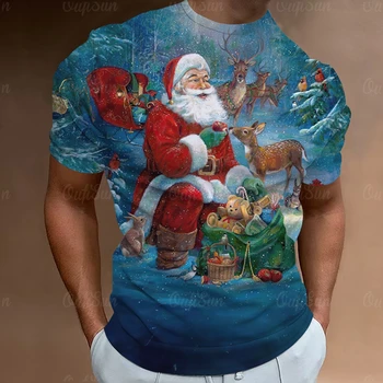 Коледна тениска за мъже с 3D принтом на Дядо Коледа топ с къс ръкав, семейни коледни тениски, коледна тениска Оверсайз, мъжки дрехи Унисекс