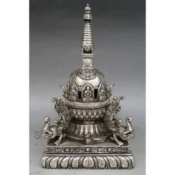 Стария Тибет Тибетски Сребърни Буда статуя ступа-пагоди на формата на слон Стария Тибет Тибетски Сребърни Буда Статуя, храмове във формата на Пагода във формата на слон