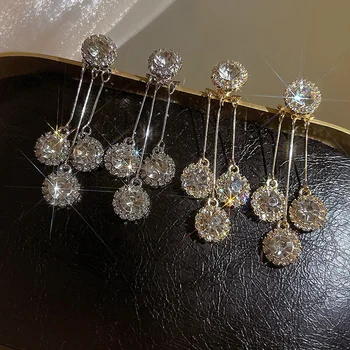 Луксозни Кръгли обеци-карамфил с пискюли от планински кристал за жени, лъскави Темпераментни обеци златисто-сребърен цвят, сватбени декорации