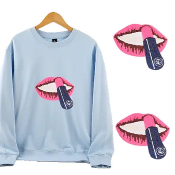 Дамски нашивка върху тениска, Big Mouth, пайети, червило, ленти за устни, етикети за дрехи, 3D тениска, декорация на чанта и раница със собствените си ръце