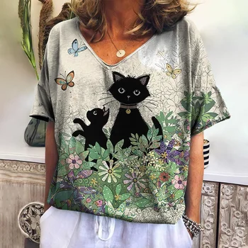Лятна тениска с V-образно деколте 2023, ежедневни дамски риза с принтом котка, Реколта градинска дрехи с къс ръкав, S-5XL