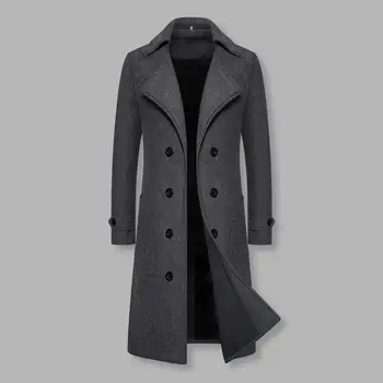Однотонное мъжко палто, двубортное мъжко палто, оборудвана приятелка, средна дължина, дълъг ръкав, здраво ветрозащитный Топло монофонични