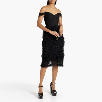 Черно Midi-рокля Muloong С Открити рамене, Плиссированное Класическа Вечерна Рокля 2023, Диференцирани един Коктейл рокля Русалка Саудитска Aribia С Рюшами
