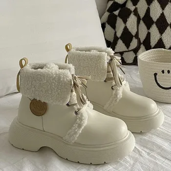 Зимни обувки Дамски зимни памучен обувки 2022 г. Зимни студентски топли кожени обувки на дебела подметка от плюш Дамски къси ботуши от овча вълна в ретро стил