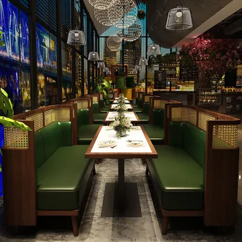 Ресторант в стила на югоизточна Азия, комбинация от мраморно бюрото и стола, светъл луксозен ресторант, разтегателен-будка от ратан и масивна дървесина