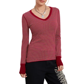Дамски тениски, ежедневни реколта базова тениска с червена ивица с принтом на пролетта, V-образно деколте, дълъг ръкав, тънки пуловери, Градинска естетика