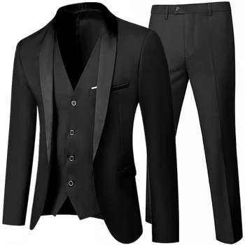 Черен мъжки есенния сватбен комплект от три елемента, голям размер 5XL 6XL, мъжко сако, палто, панталони и жилетка, модерен оборудвана костюм
